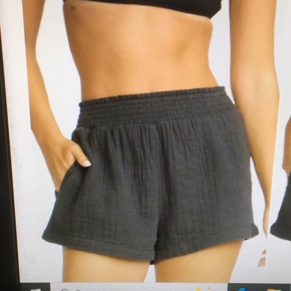 AQUA DEL MAR/BLACK-TEXTURED GUAZE DRAWSTRING SHORTS/NEW